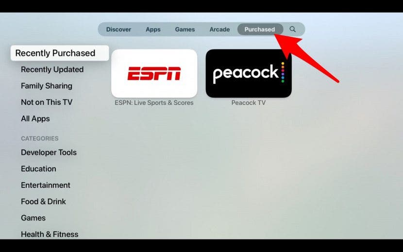 click on the purchased tab on apple tv