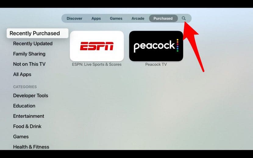 click on the search icon on apple tv