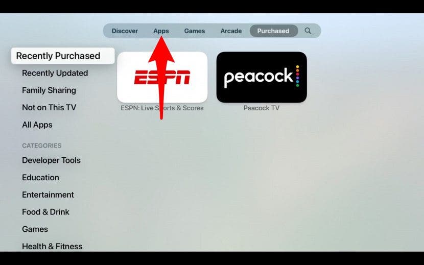 click on the apps tab on apple tv
