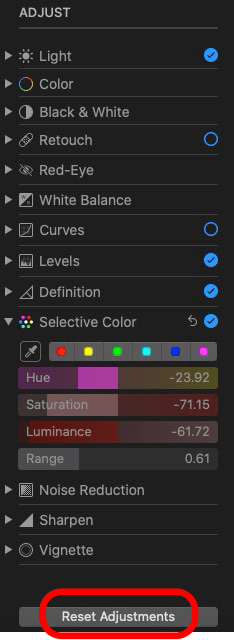 click reset adjustments in photos app