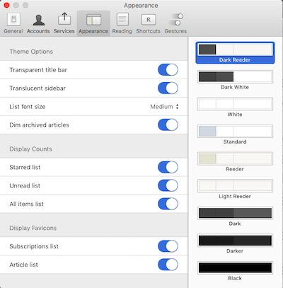 Reeder 3 OSX Appearance Settings