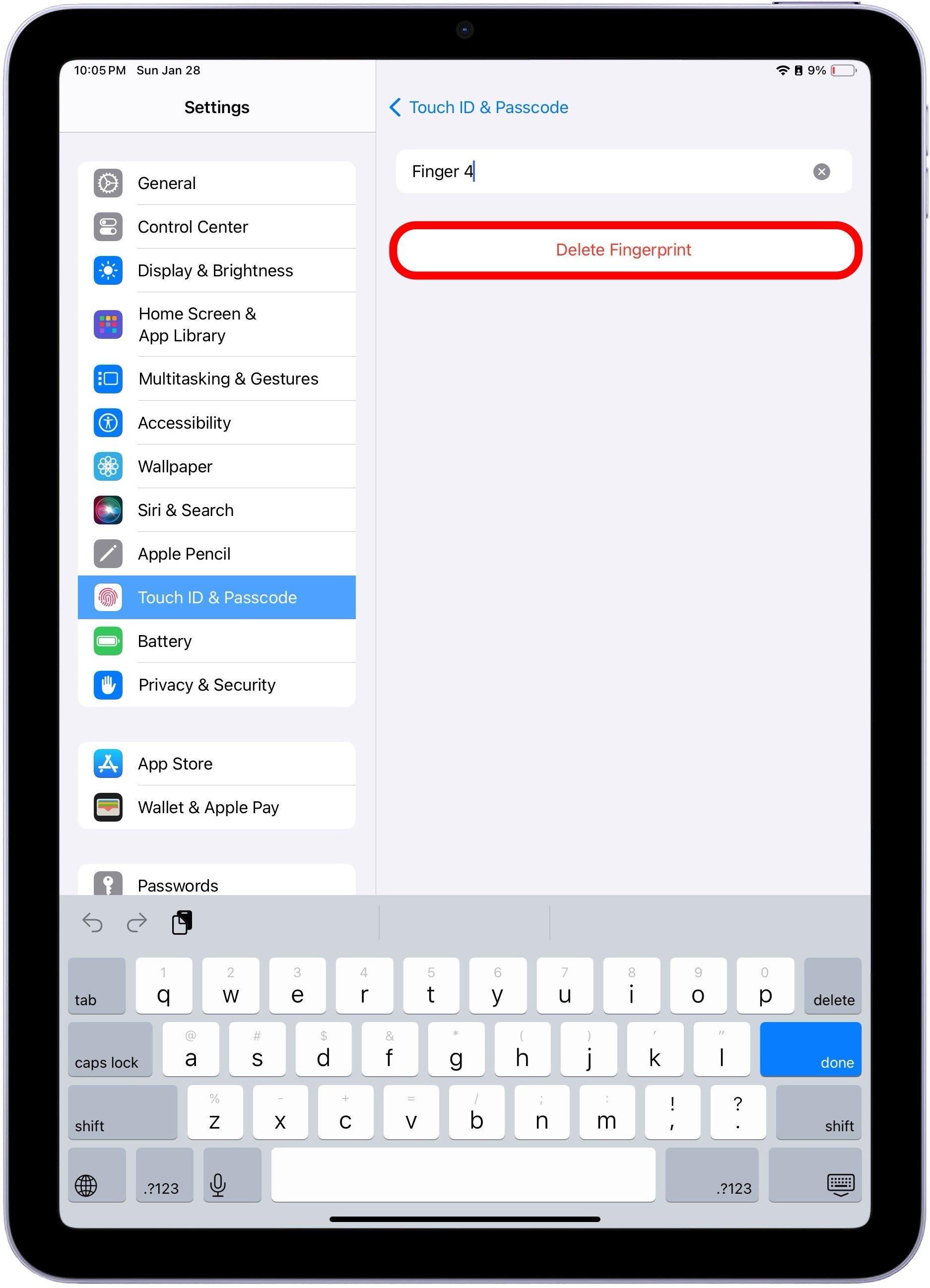 delete fingerprints on ipad