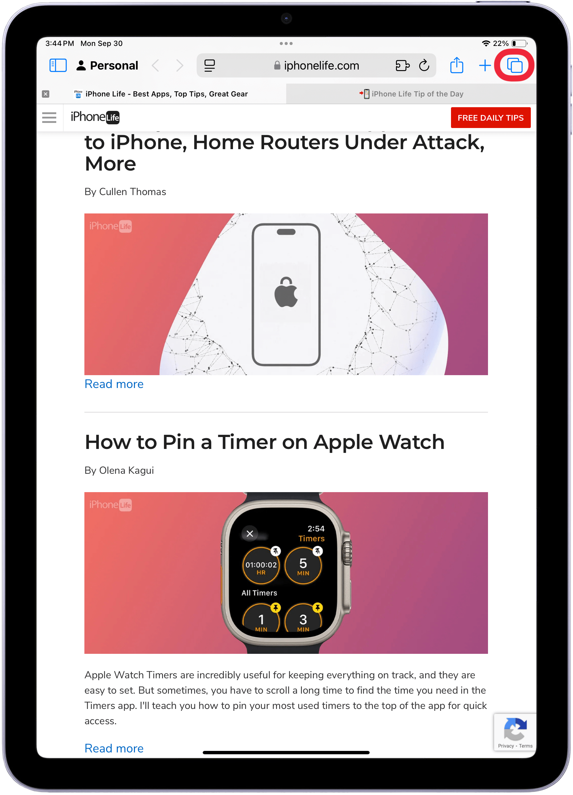 safari on ipad with a red box around tab overview button