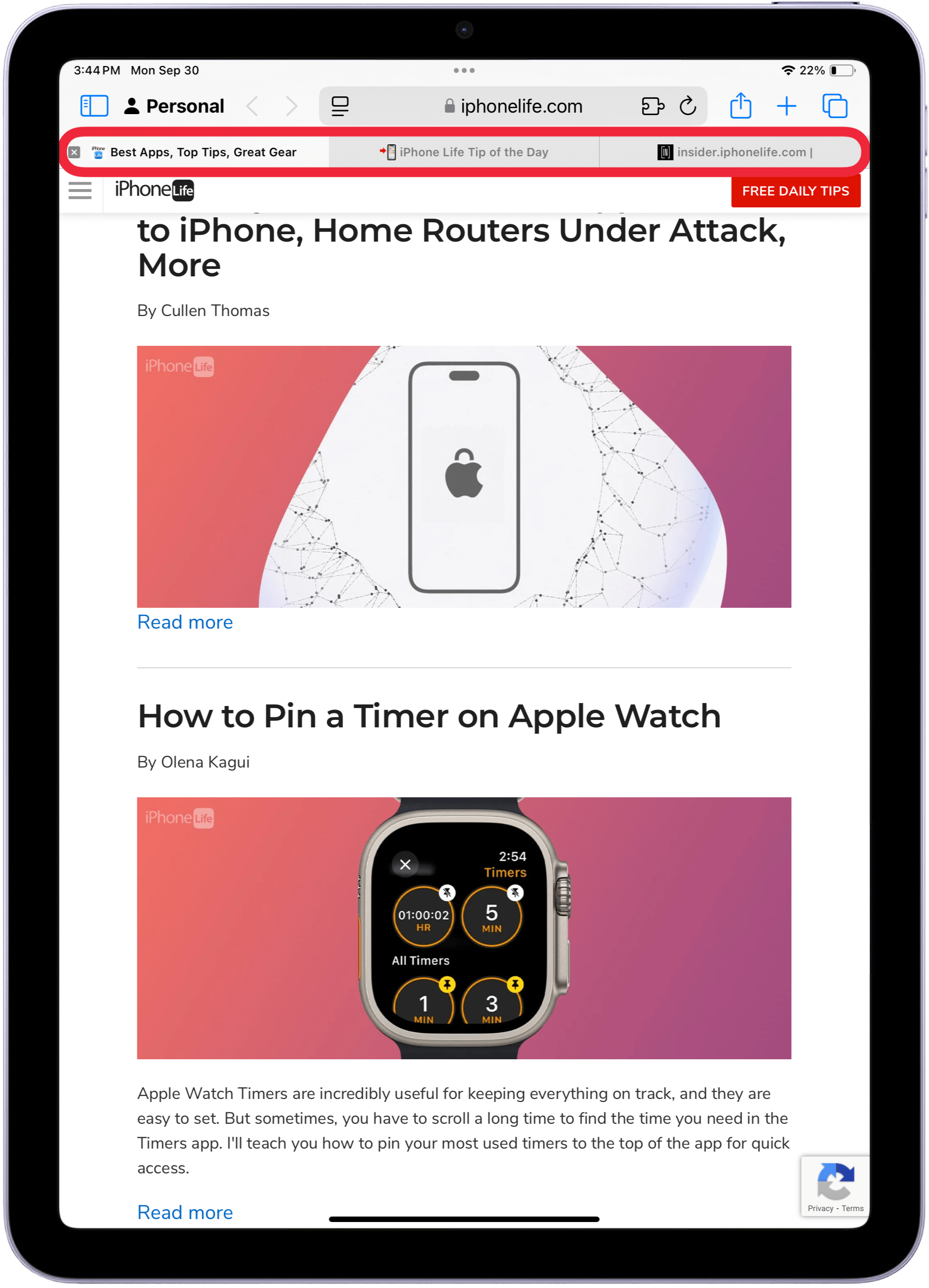 safari on ipad with a red box around tabs