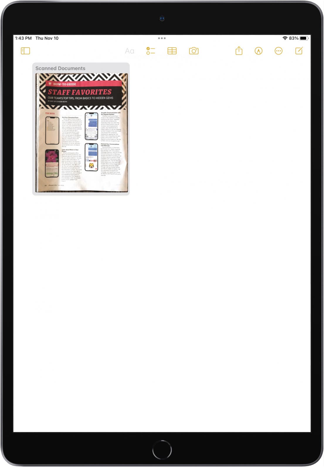 scanned document saved in ipad notes app