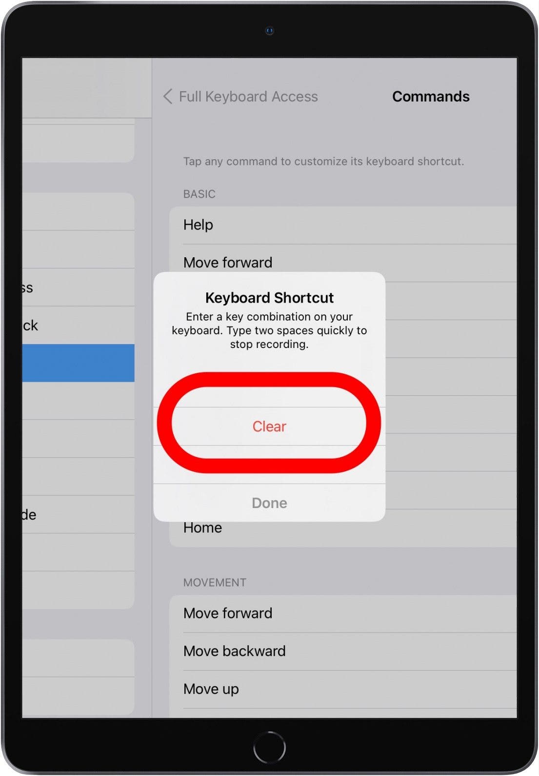 To delete a shortcut, select it under Commands and tap Clear.