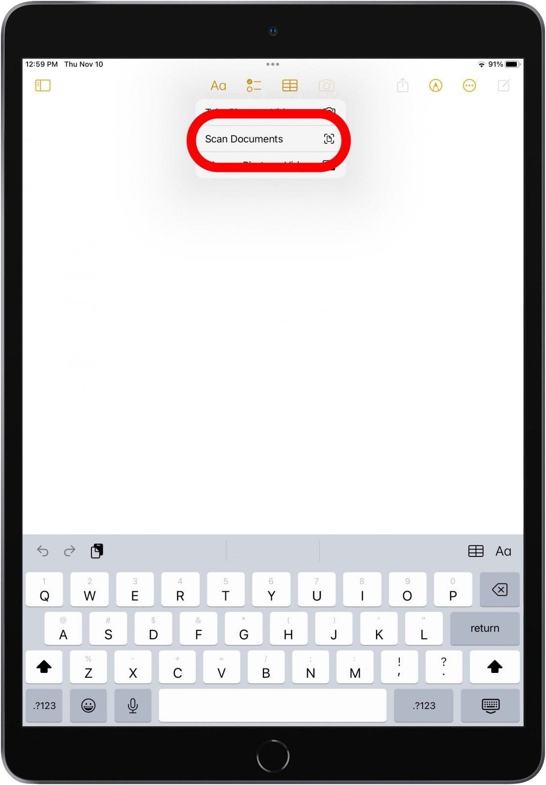 scan with ipad using notes app tap scan documents