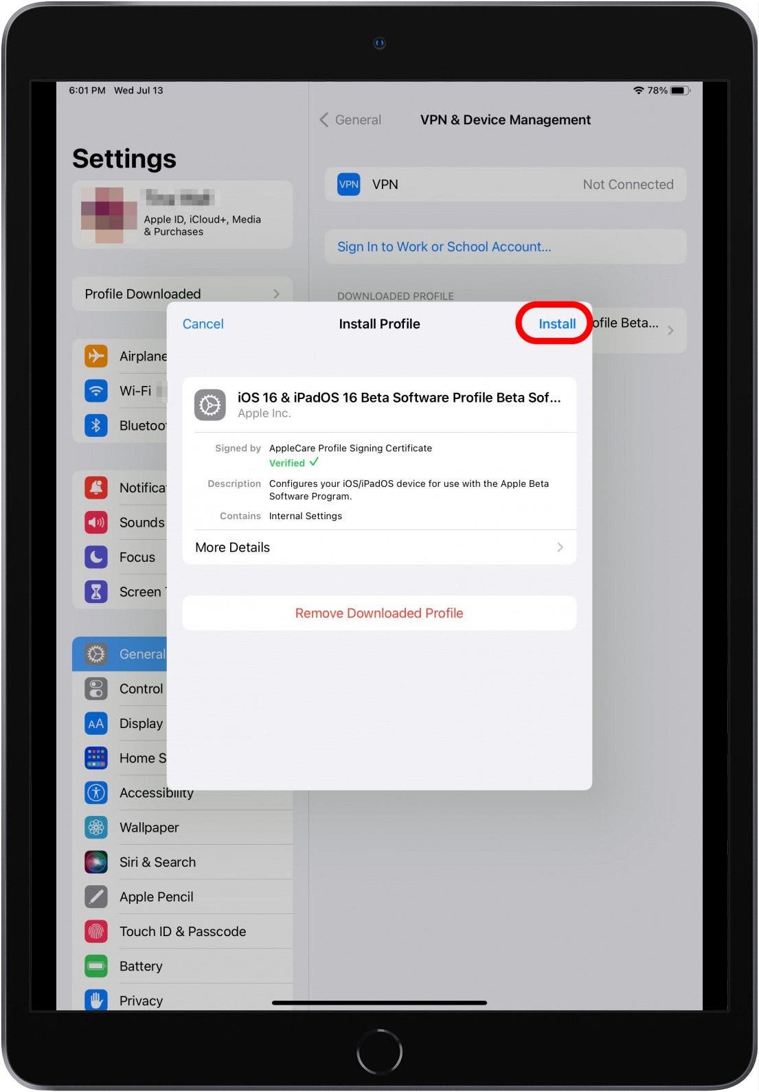 Settings app with Install Profile window open and Install button marked.