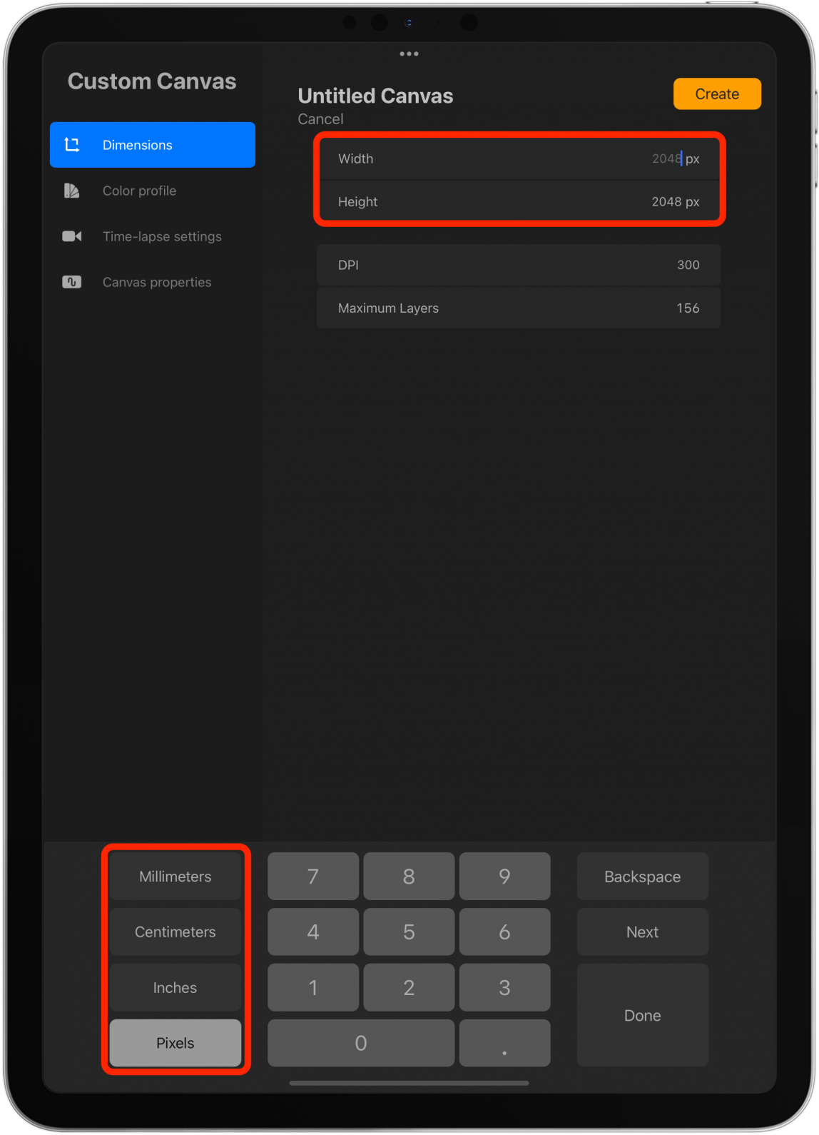 Edit the Width and Height in Pixels, Inches, Centimeters, or Millimeters.