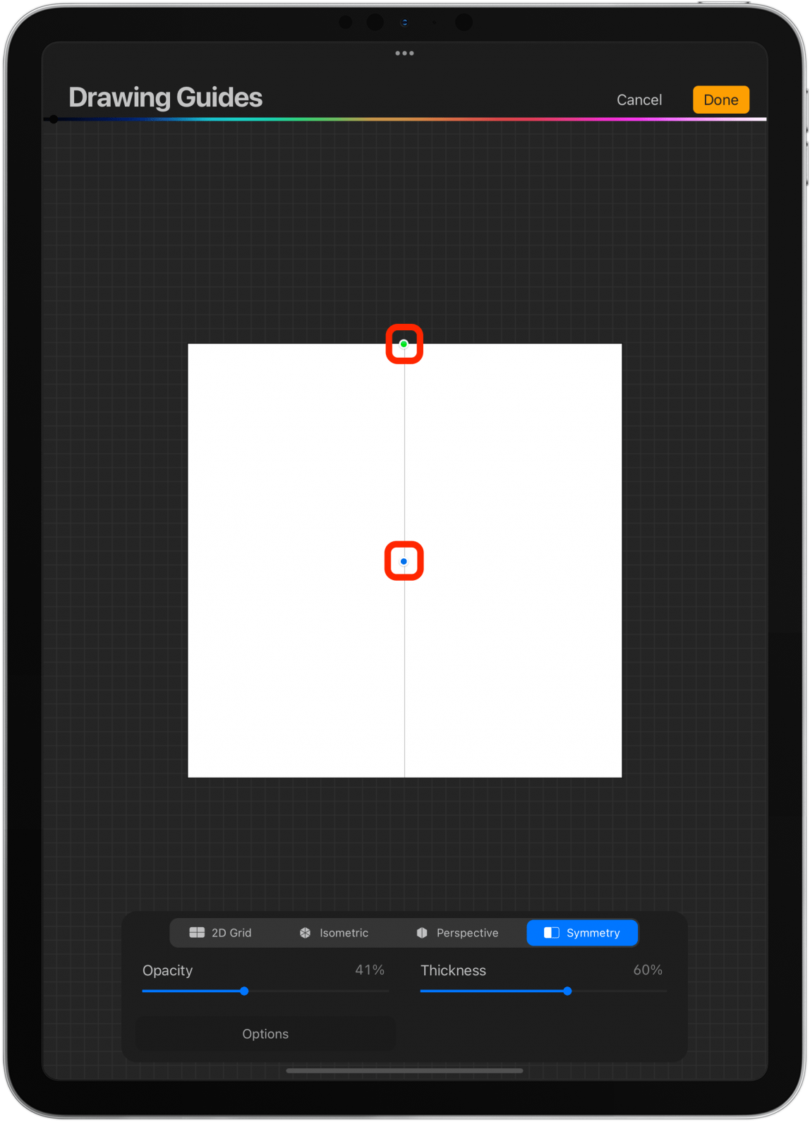 Finally, if you select Symmetry, you will see a line going through your canvas. 