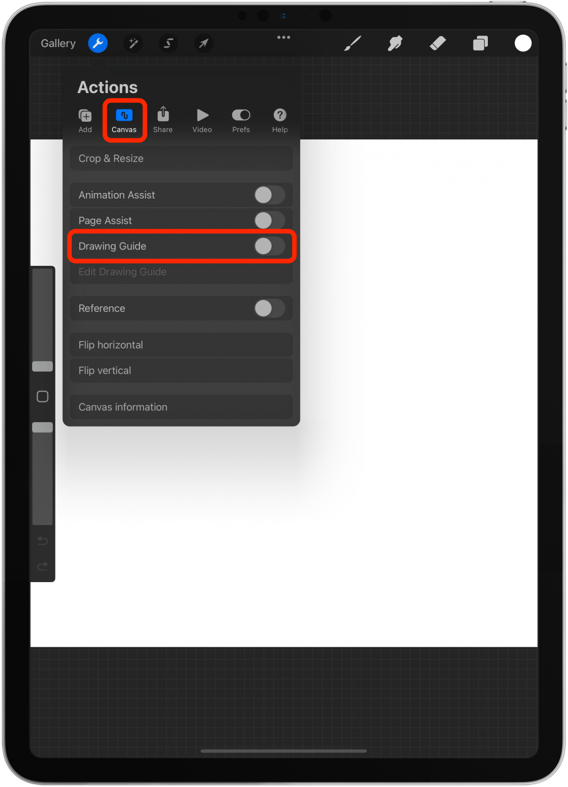 Under the Cavas tab, toggle on Drawing Guide.