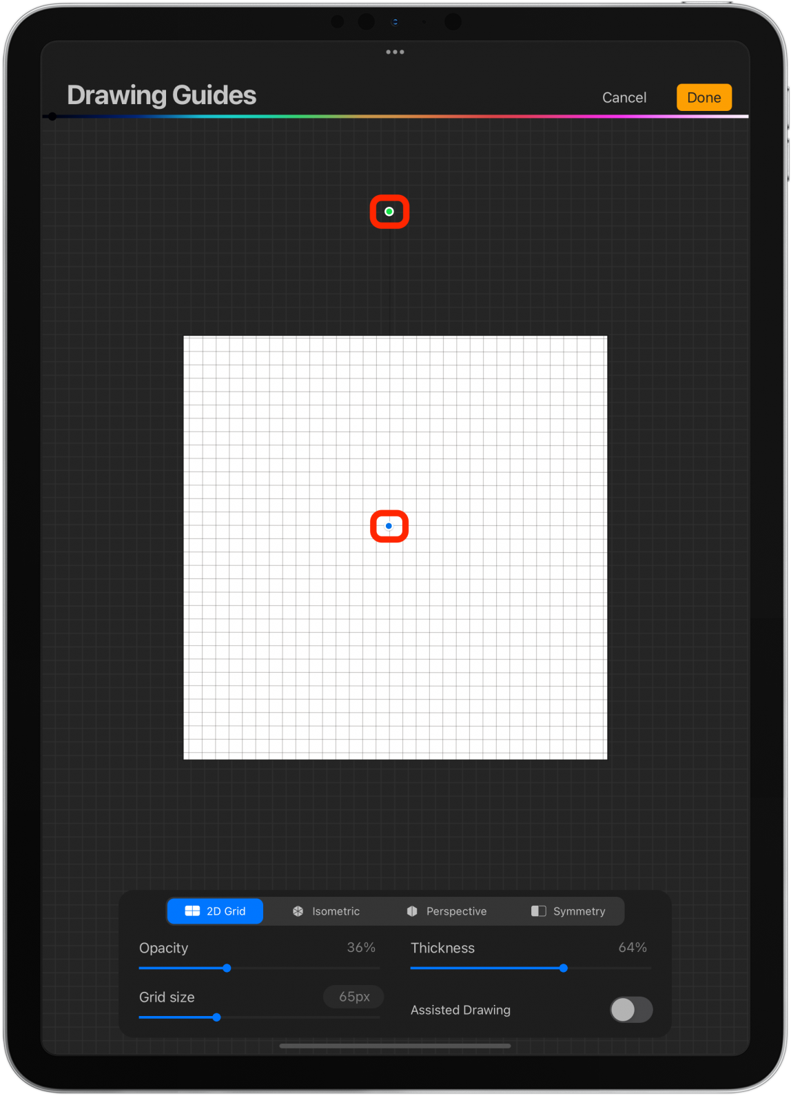 2D Grid shows you a simple grid that you can move by dragging the blue dot and rotate by dragging the green dot.