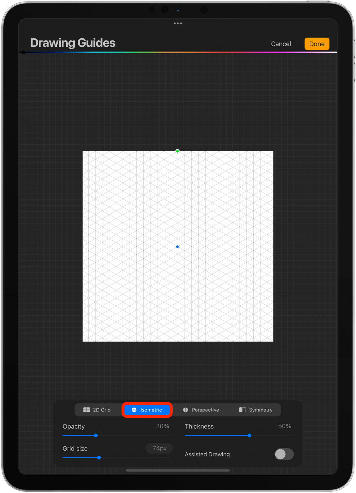 If you select Isometric, you will see this grid and will be able to make adjustments and opt for Assisted Drawing.