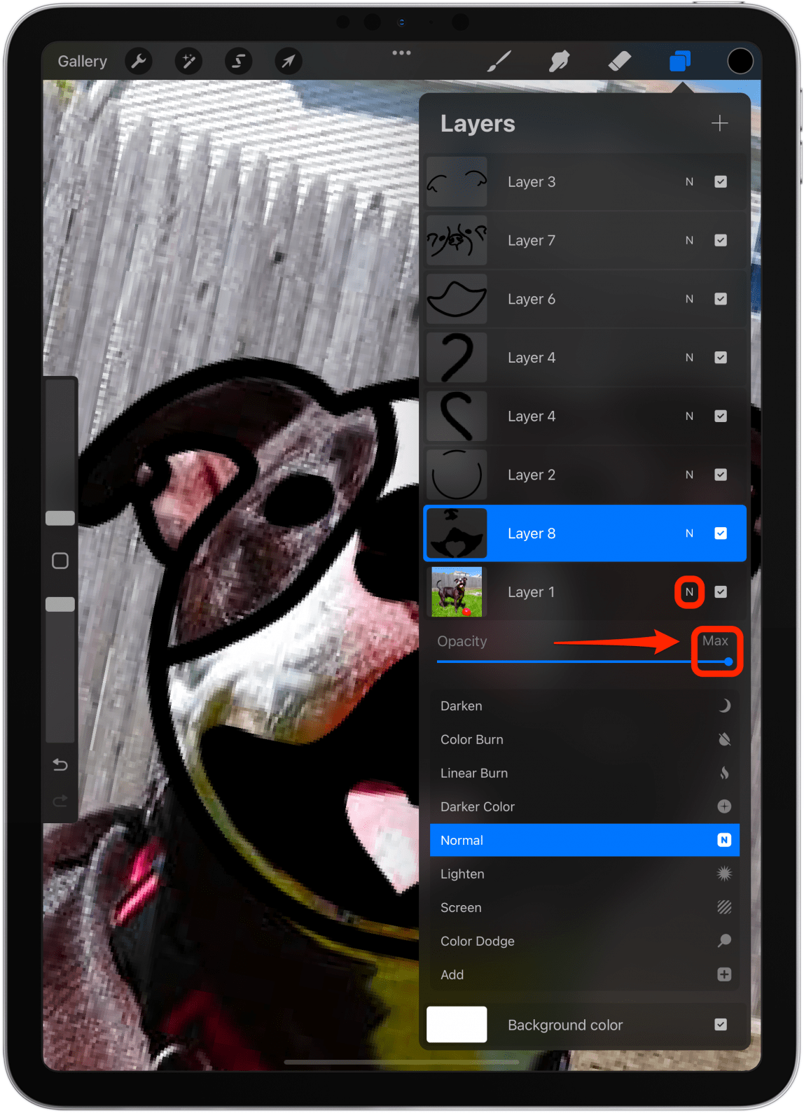 To copy and use a color from the original image, tap the N of the layer with the photo and drag opacity back to max.