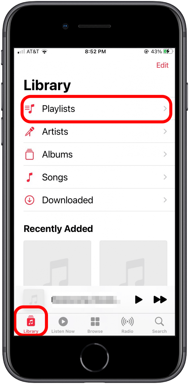 Select Library and Playlists view in the Apple Music app.