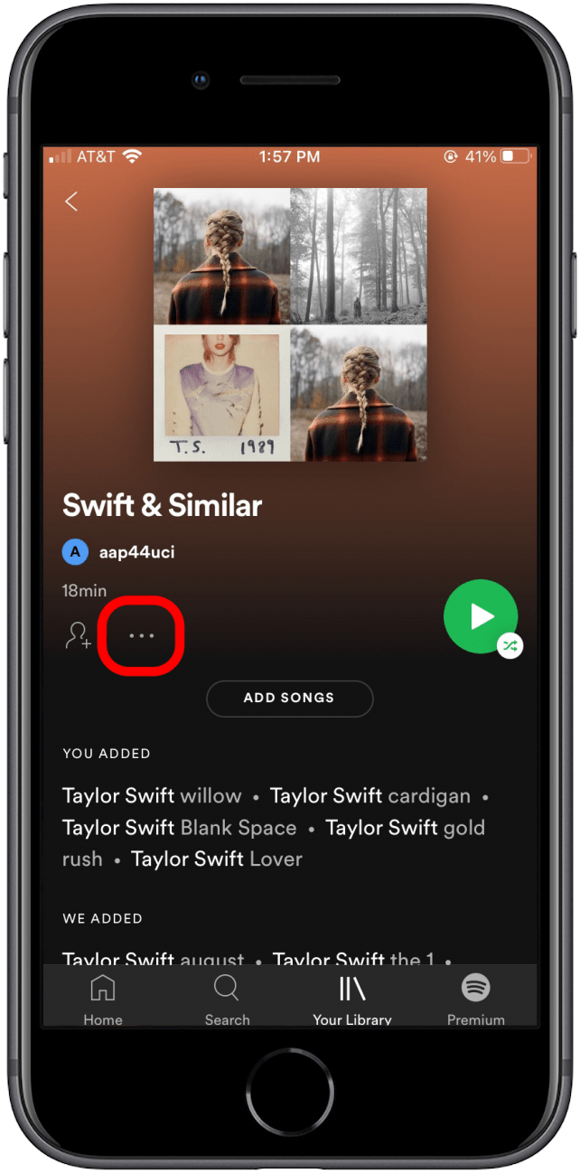 Tap the three dots to edit the Spotify playlist on your iPhone