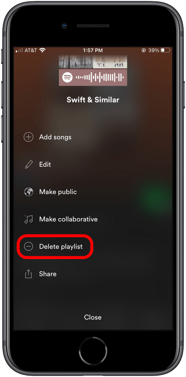 Select Delete Playlist to remove the Spotify playlist from your iPhone