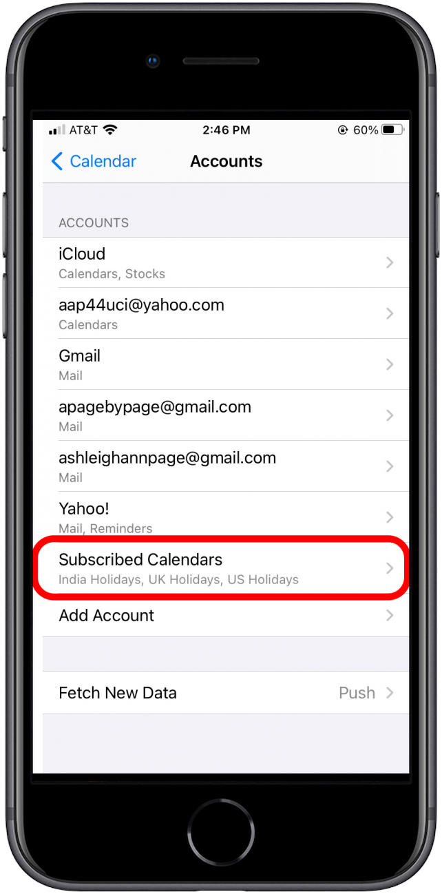 Tap "Subscribed Calendars" button to edit list