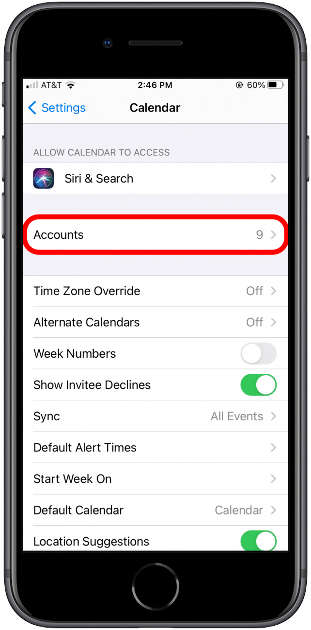 Tap "Accounts" to open list of calendars