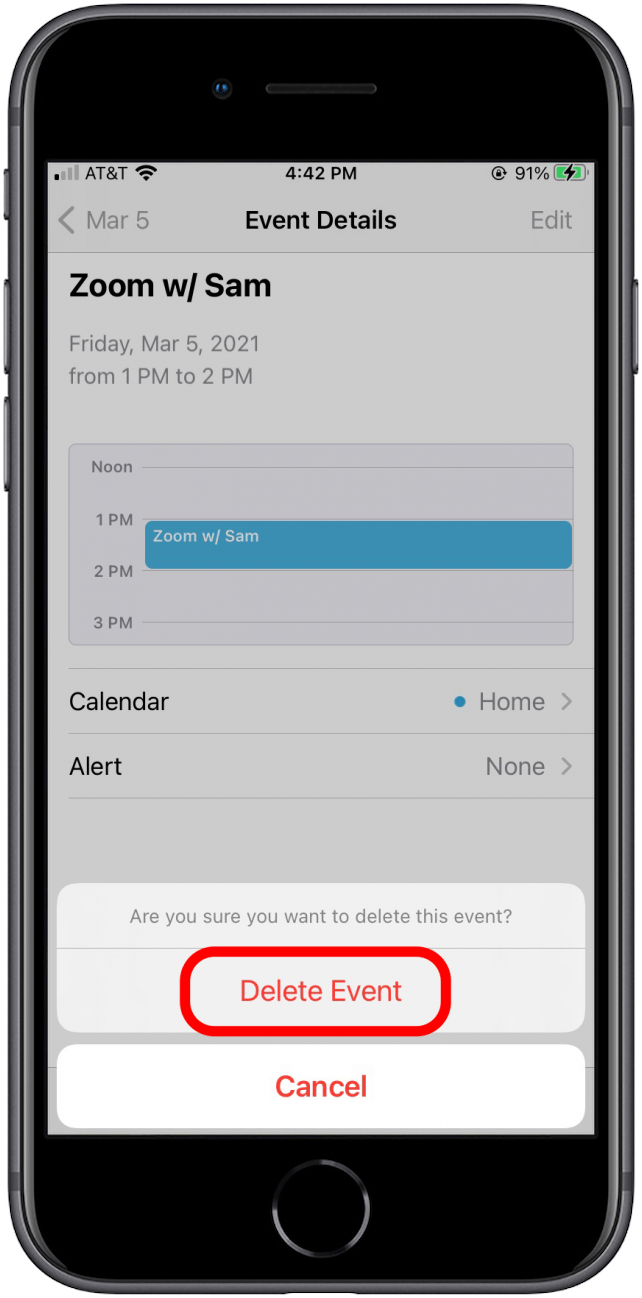 Top Delete Event to confirm removal from calendar