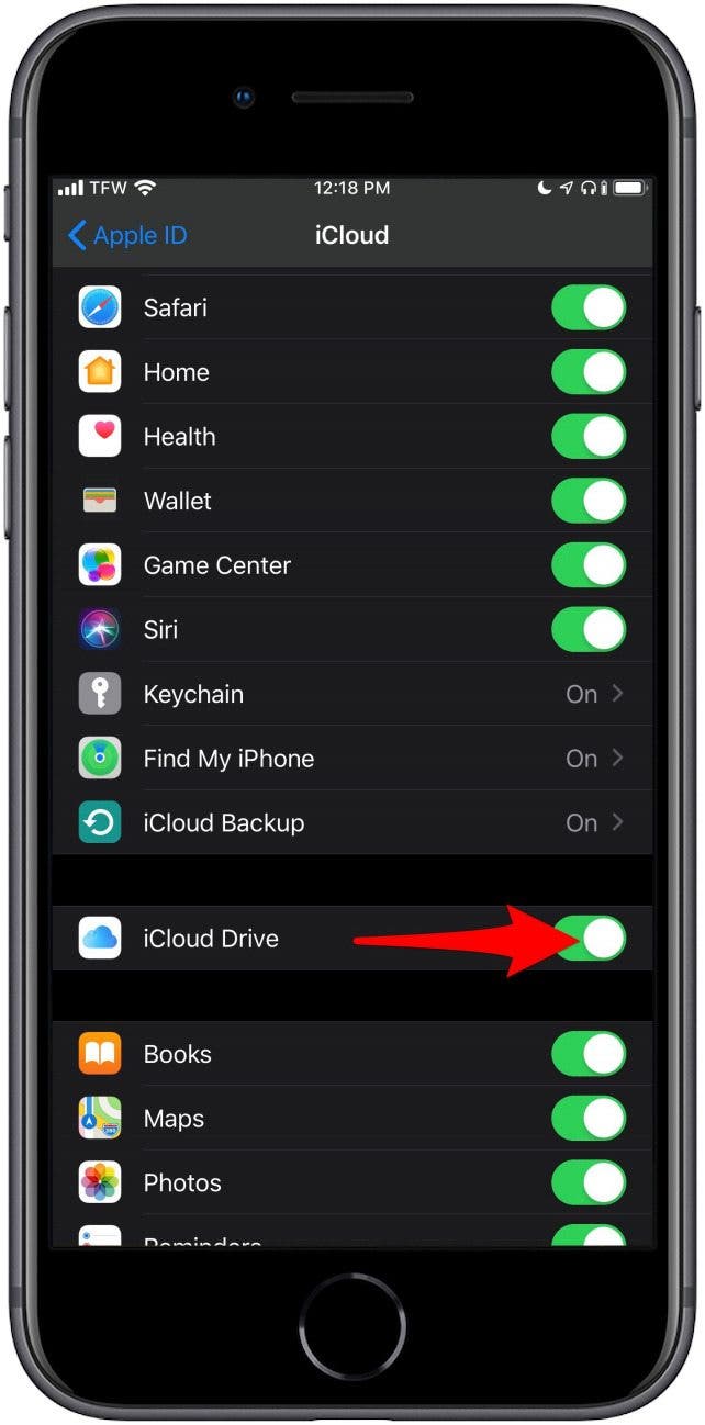 toggle iCloud Drive to on to enable iCloud Drive sync