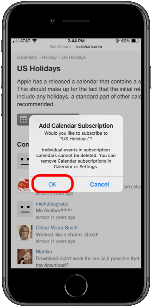 Tap "OK" to subscribe to calendar