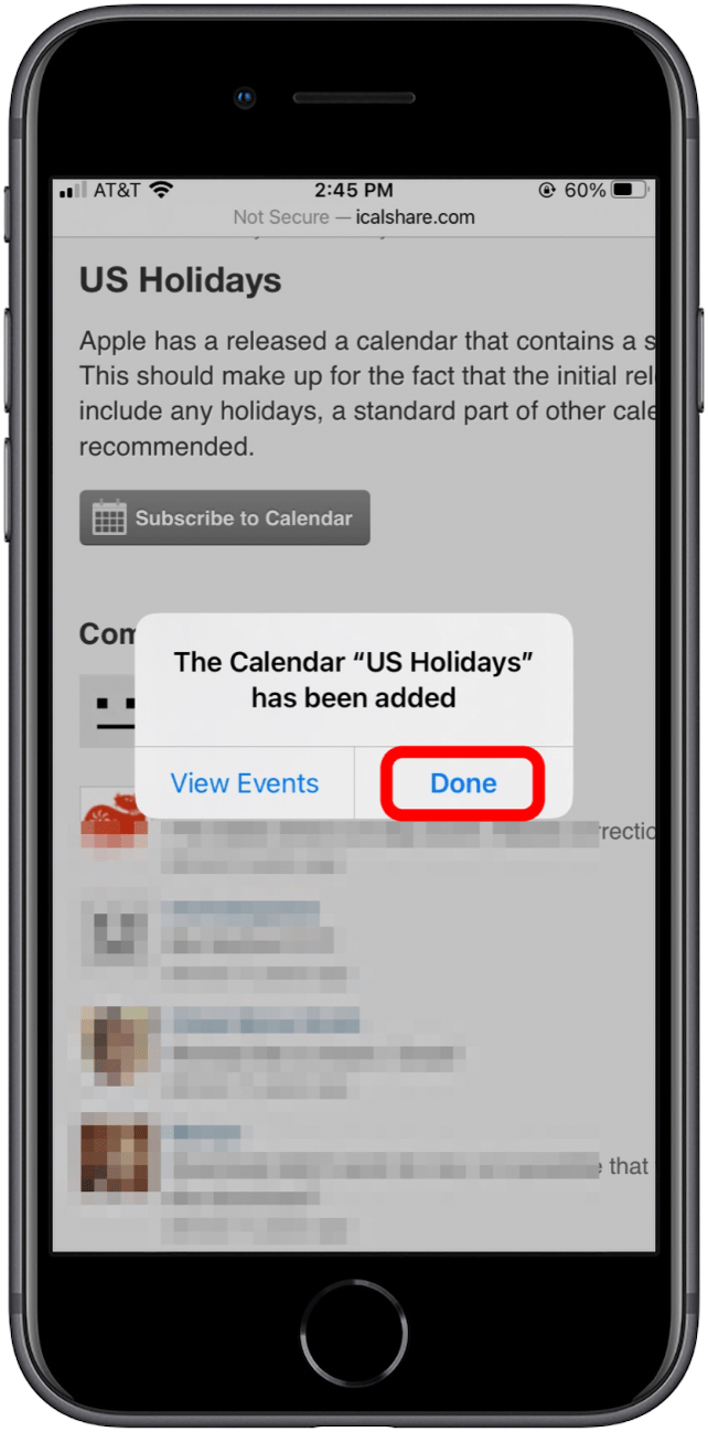 Tap "Done" to confirm calendar subscription