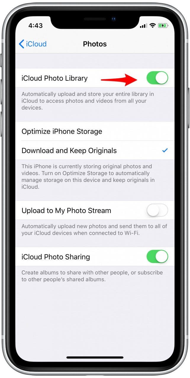 Screen shot of iCloud Photo Library toggle inside Photos settings