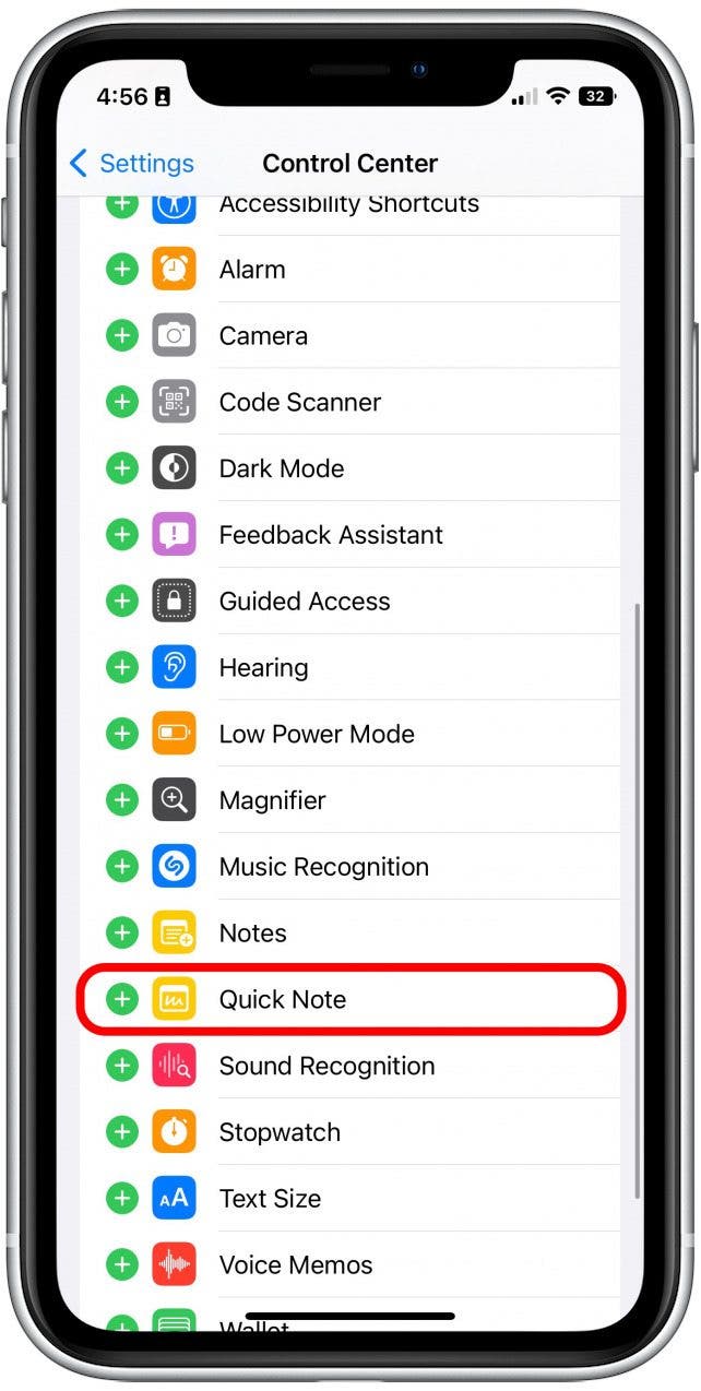 Tap the green plus next to Quick Note.