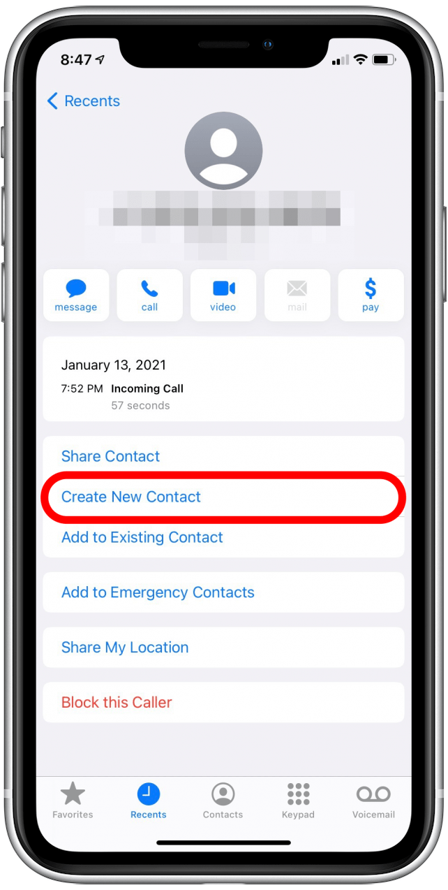 Tap Create New Contact