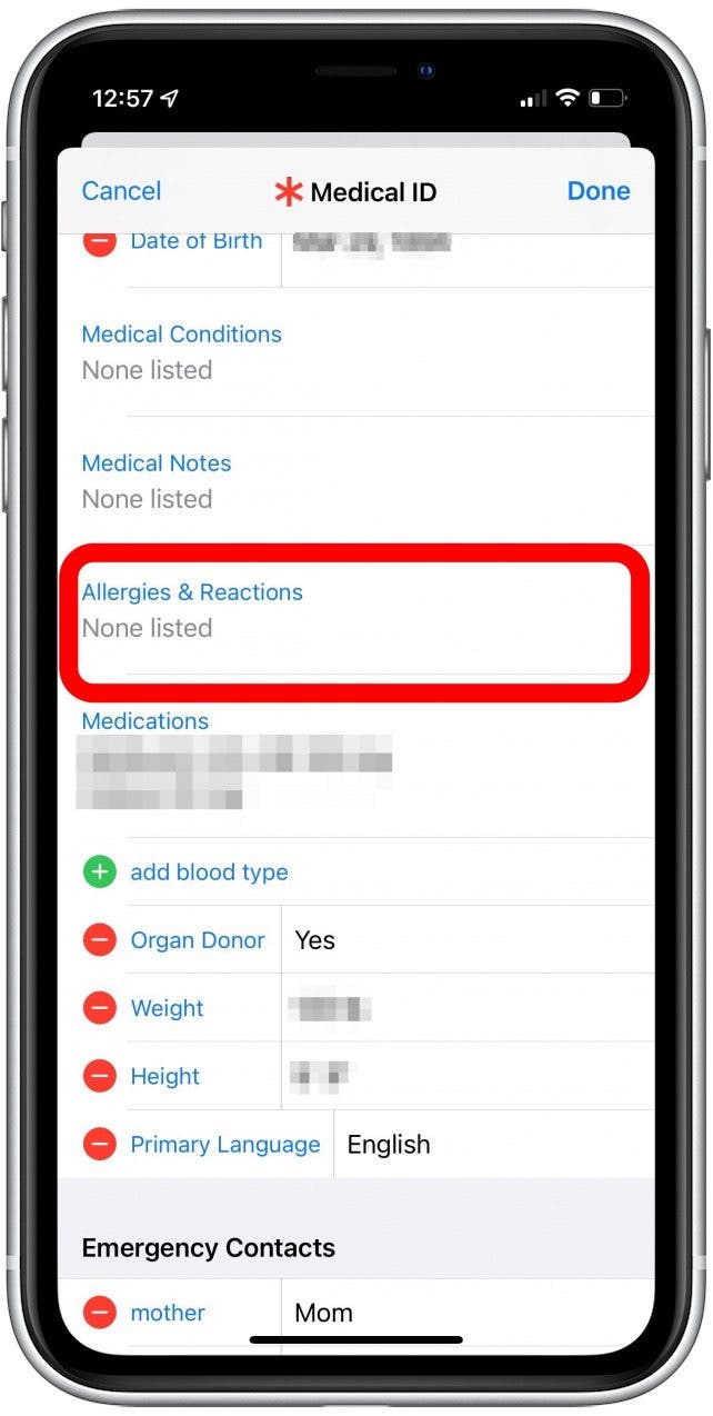 Enter any information that first responders would need, including seasonal, food, and drug allergies, and whether you have pills, an inhaler, an EpiPen, or any other prescription medication for your allergies. You can also add emergency contacts at the bottom of the page.