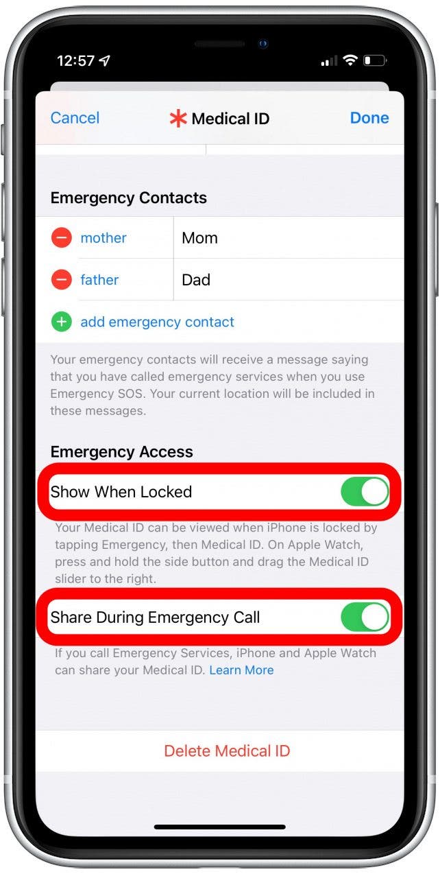 Toggle on Show When Locked and Share During Emergency Call. They will be green when enabled,