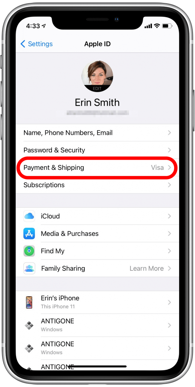 Tap on Apple ID Payment & Shipping