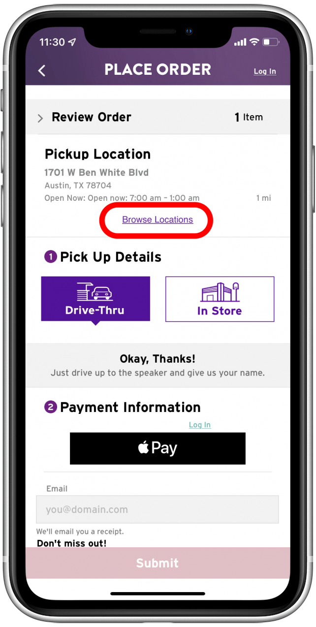 Tap Browse Locations taco bell apple pay app