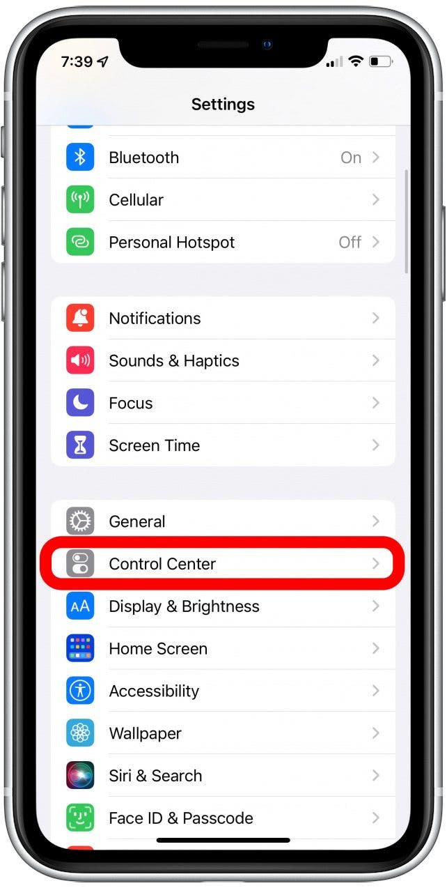 go to control center in settings