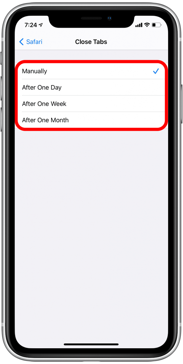 Select an option for when to schedule the auto-close for Safari tabs