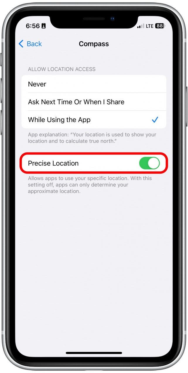 Then, toggle Precise Location on. It will be green when enabled.