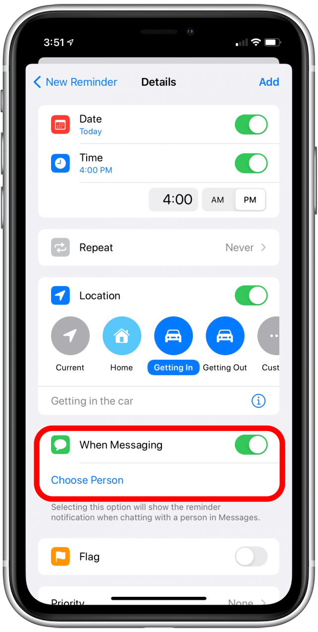 Set new reminder to alert you when messaging someone