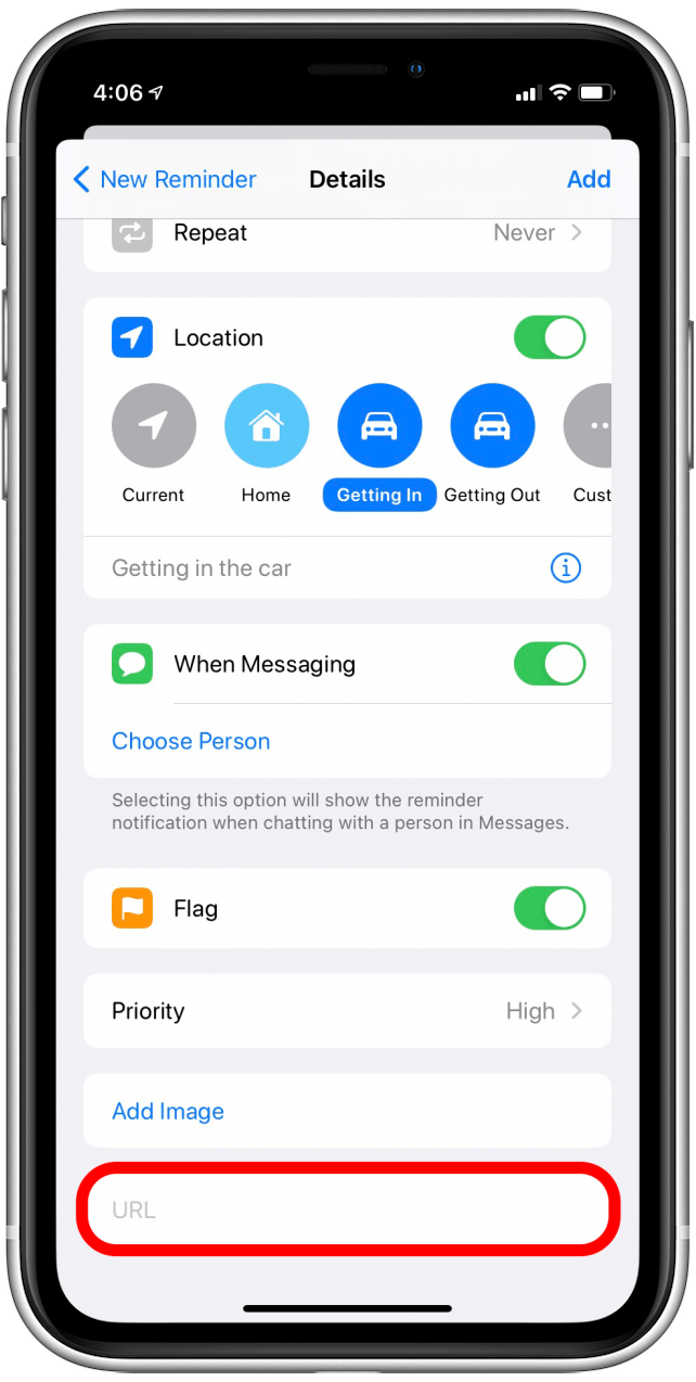 Add URL link to new reminder on iPhone