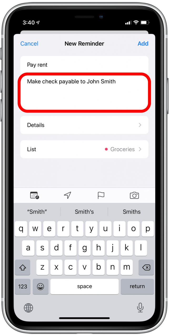 Add notes to new reminder