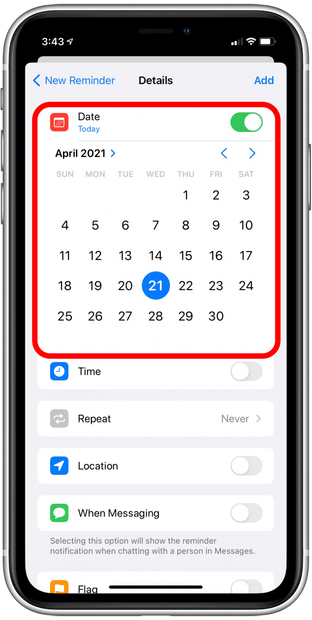 Set date for new reminder