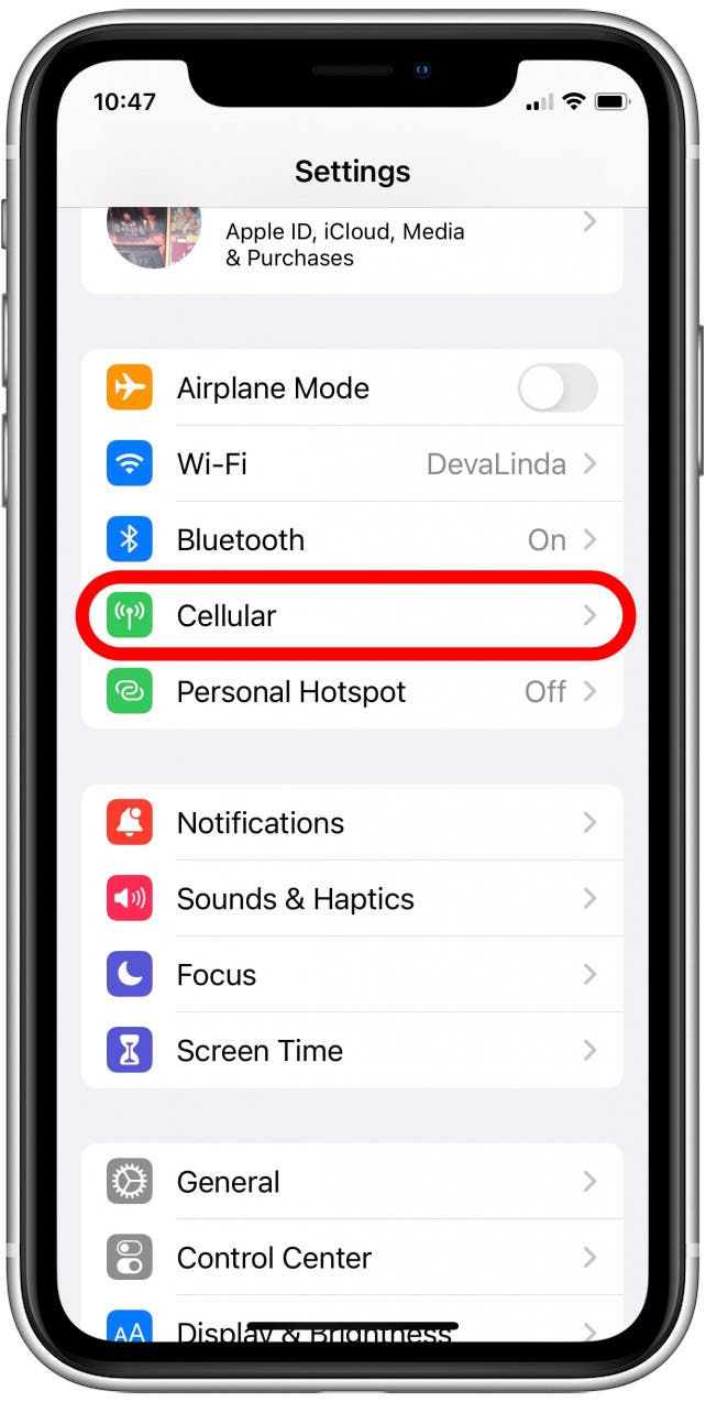 In Settings, tap Cellular.