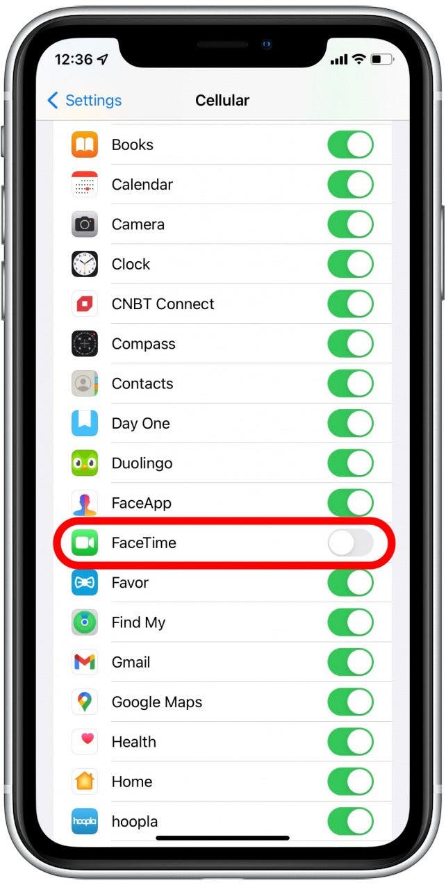 Toggle FaceTime data off