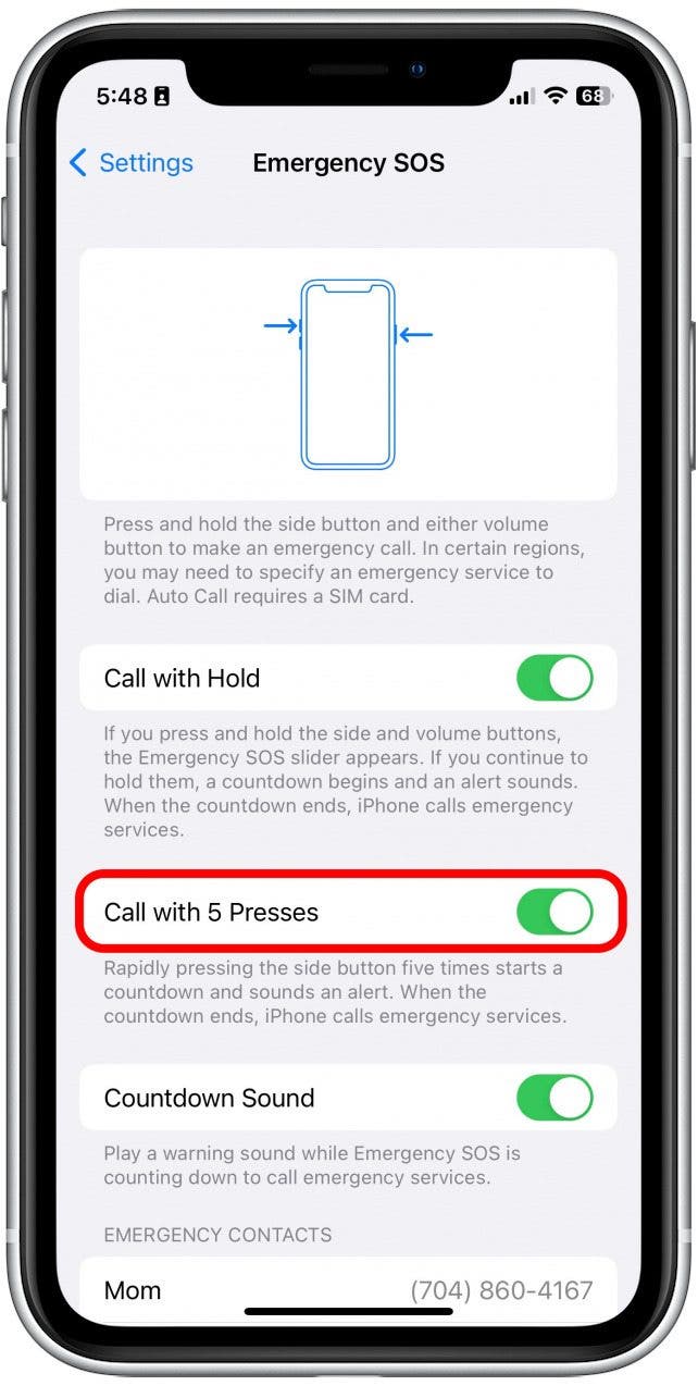 Toggle Call with 5 Presses to on. It will be green when enabled.