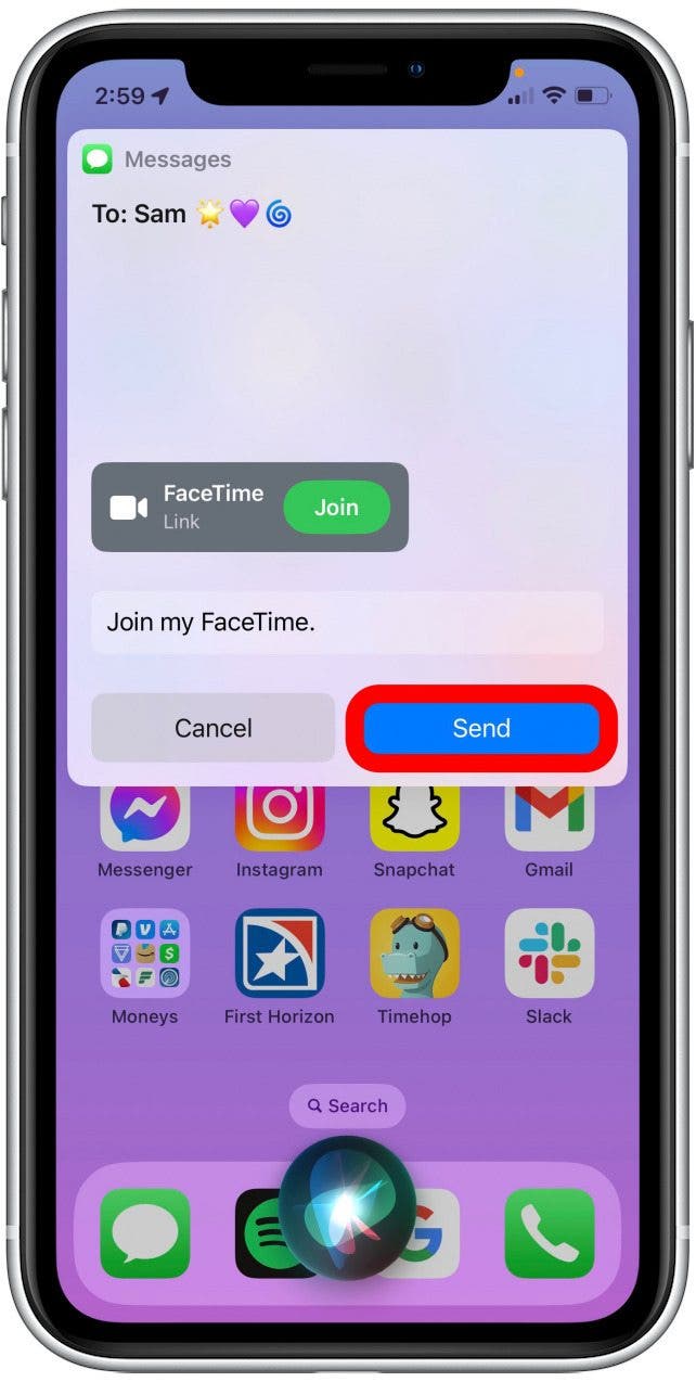 You can also have Siri place a FaceTime call to an Android use via a link. Tap Send to invite them to a FaceTime call. 