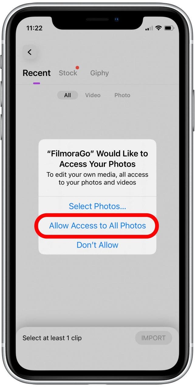 Tap Allow Access to All Photos. You can alternatively give the app access to specific individual photos/videos if you prefer.