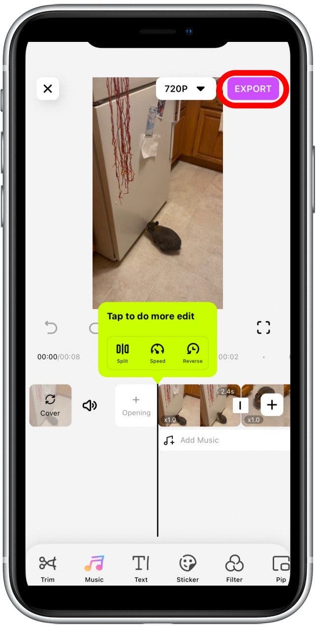 Once you’ve made any other desired edits, tap the EXPORT button in the top right corner to save the combined video and share it to whatever location you want.