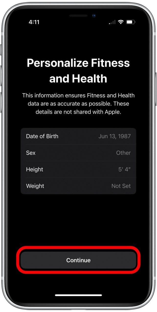 Fitness setup screen to personalize health information with the Continue button marked.