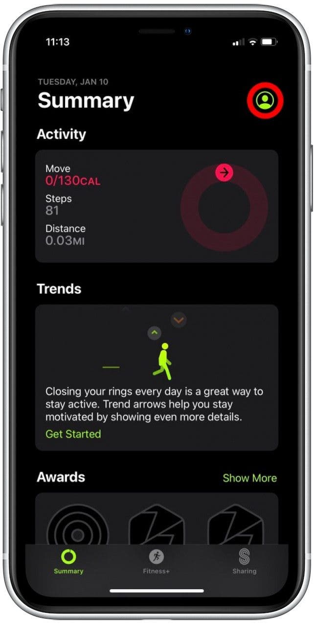 Tap your profile icon in the top right corner. This is how to edit fitness goals on iPhone.