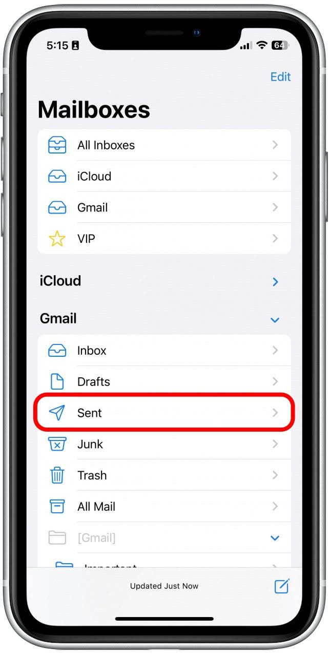 Go to Mailboxes and tap Sent.